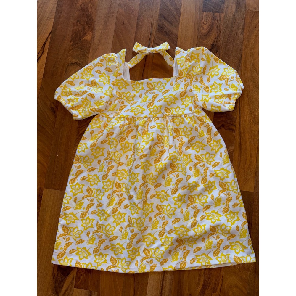 Janie and Jack Floral Puff Sleeve Dress Kids 7 Yellow New Square Neck Bow Back
